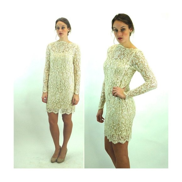 Lace dress with pearls and sequins ivory ecru lace short wedding dress - Picture 2 of 6